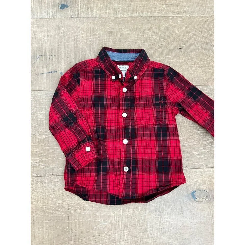 Gymboree Red Plaid Shirt & Grey Pants With Suspenders Set 18-24 Months